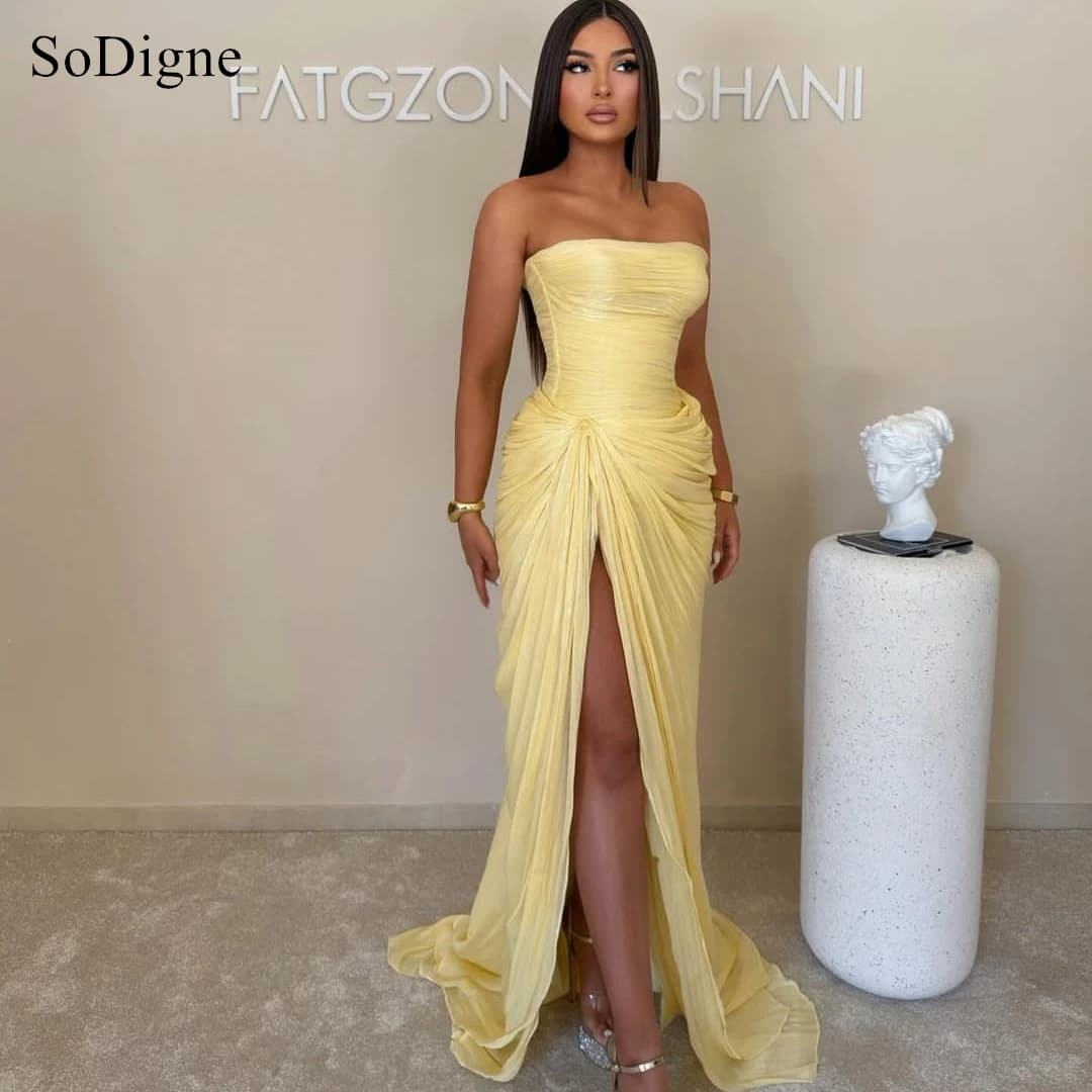 SoDigne Sexy Strapless Evening Dresses Pleated Sleeveless Waist-cinching Party Gowns High Slit Long Prom Dress 2026 Customized