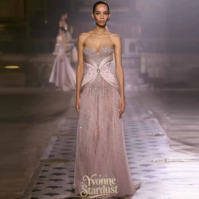 Yvonne Evening Dresses New Elegant Strapless Pink Beading Crystals Women Prom Dress Customized Wedding Guest Gowns Customized