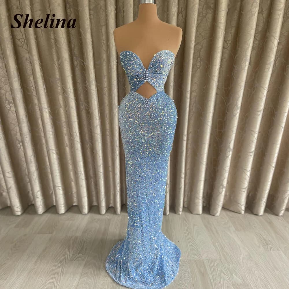 Shelina Sexy Strapless Evening Dresses for Women Sequin Beads Mermaid Sparkly Pleat Sleeveless Robes De Soiree Customised