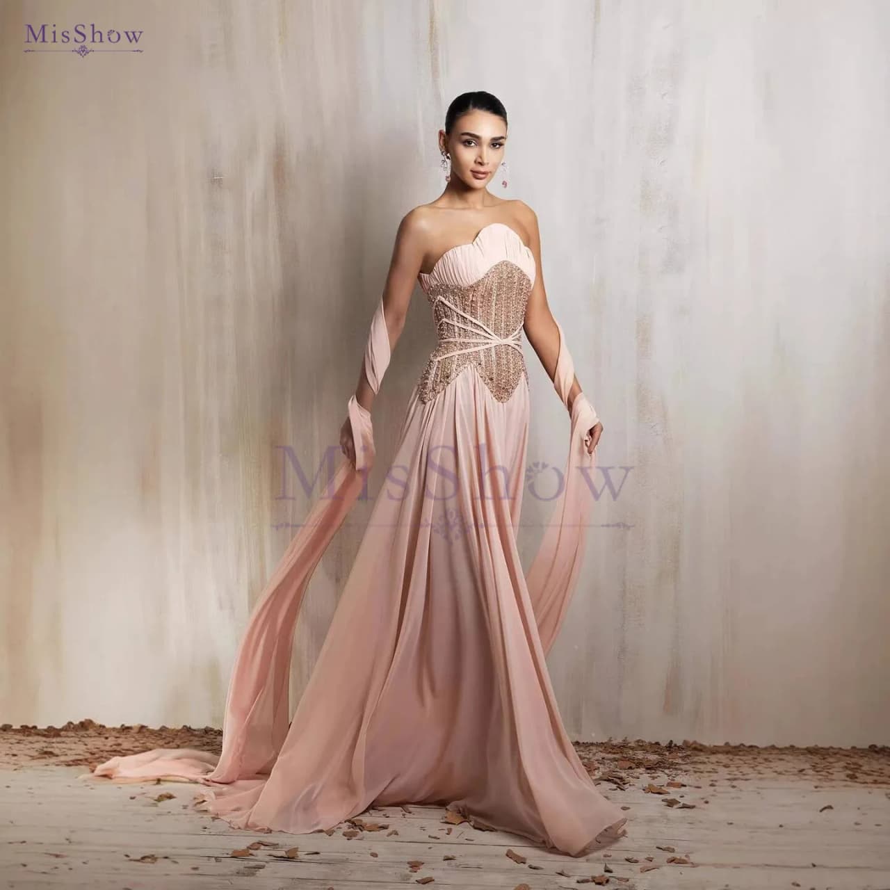 MisShow 2026 Luxury Pink Pearls Beaded A Line Evening Dress Flowy Sleeves Formal Prom Party Gown La73685 Customized