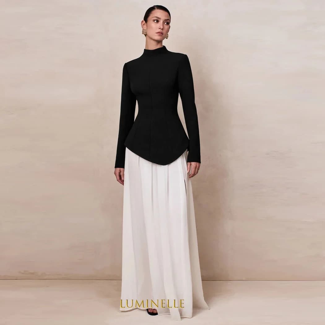 Black & White High-Neck Evening Dress With Drop-Waist Floor Length Long Sleeve High Neck Mermaid Formal Women's Gown Customized
