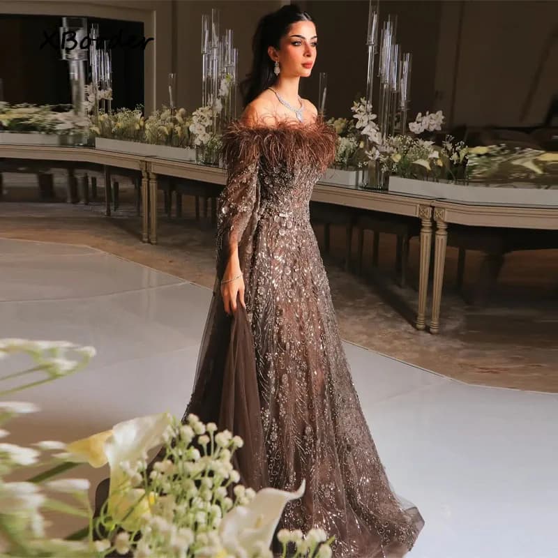 Customized Evening Dress with Cape Sleeves Beaded Floral Elegant Off Shoulder Feathers Brown Navy Blue Wedding Party Gowns