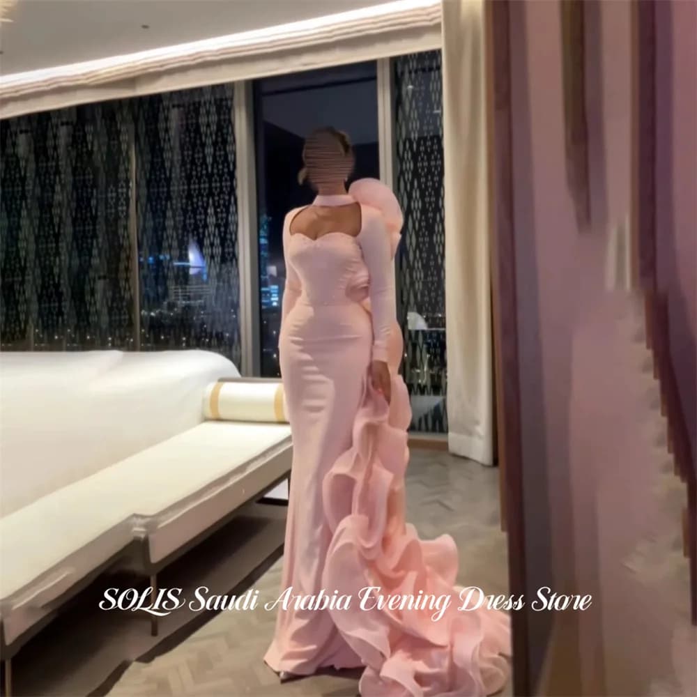 SOLIS Pink Evening Dress High Neck Prom Dress Off Shoulder Party Dresses Full Sleeve Gala Dresses for Women Cut Out Customized