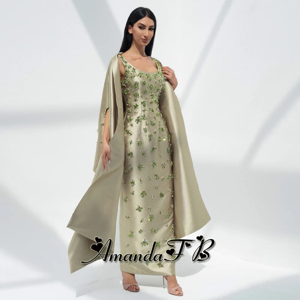 Amanda Fancy Evening Dresses with Cape Square Collar Spaghetti Staps Sheath Rhinestones Ankle Length Robes De Soiree Customised