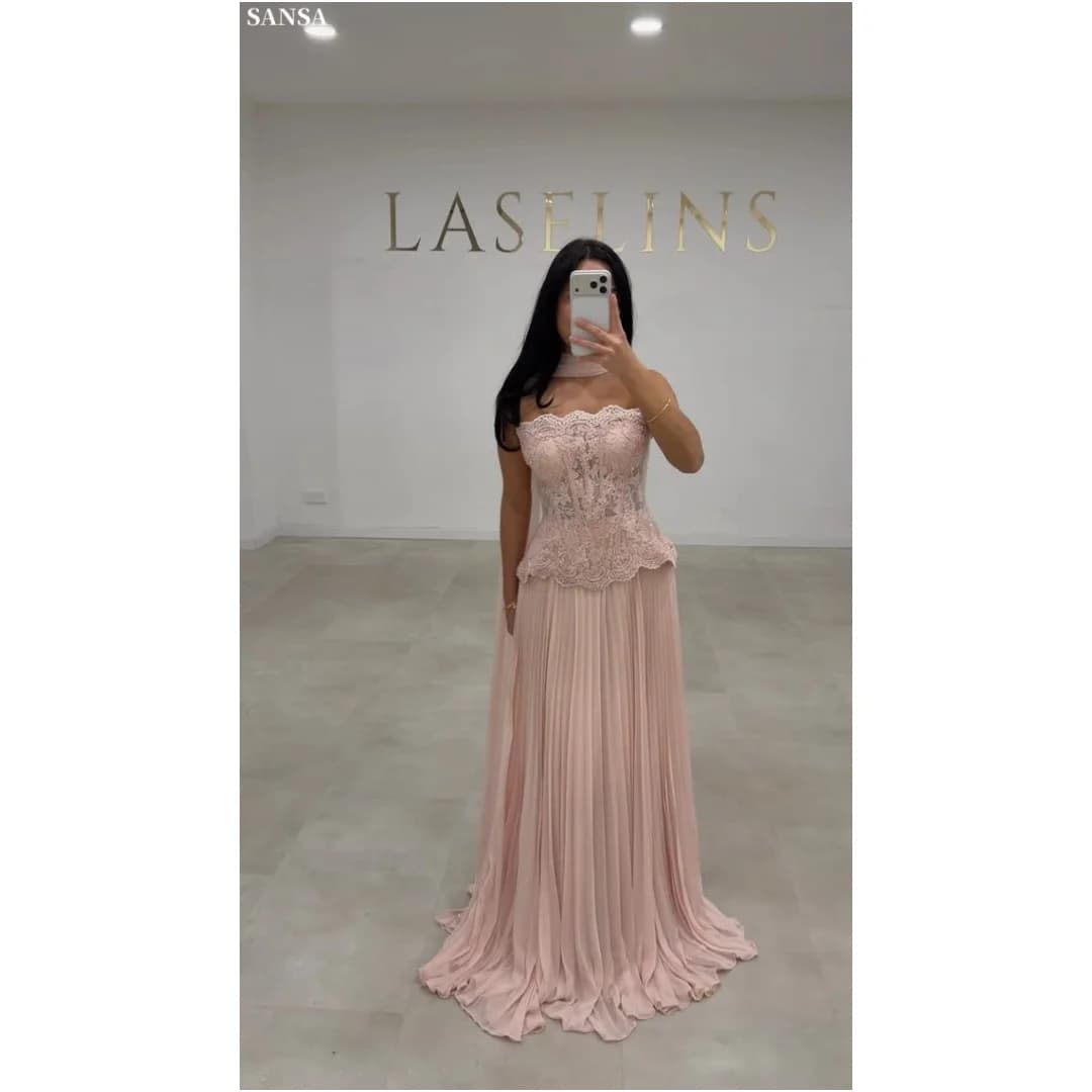 Sansa Customized Blush Pink Column Halter Neck Prom Dresses Pleated Sleeveless Lace-Up vestidos de noche Formal Evening 2026