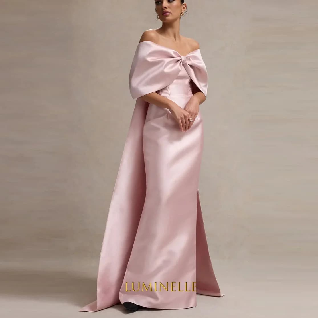 Pink Satin Cape Maxi Dress With Oversized Bow Long Formal Evening Dresses for Women Off Shoulder