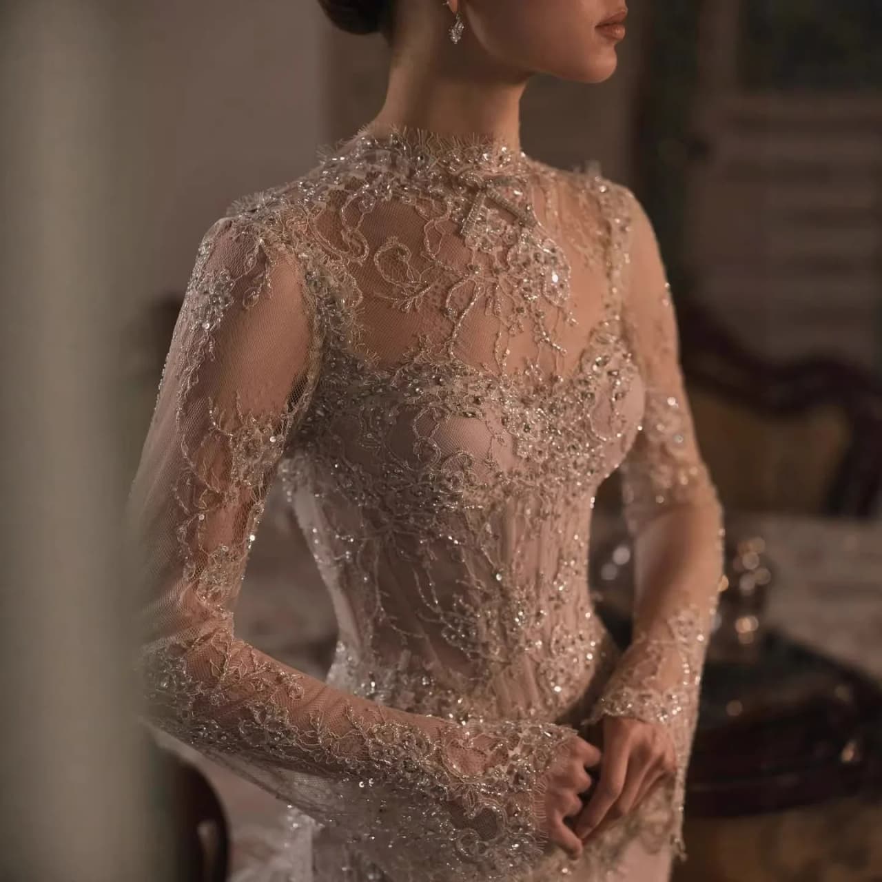 SERENE HILL Nude Beaded Lace Long Sleeve Mermaid Evening Dress for Formal Occasion Engagement Party Gown GLA72545A Customized