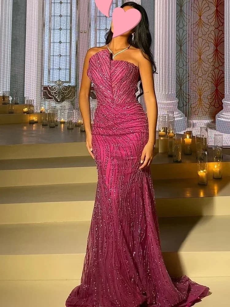 Customized High Quality Evening Dresses Elegant Vintage Sweet Sexy Pink Mermaid Beads Lace Formal Occasion Long Dress Sparkle