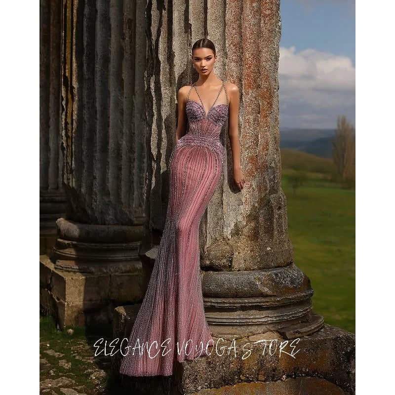EVS Luxury Hand Sewn Beaded Prom Dress with Spaghetti Straps Long Sheath Evening Party Gown, Customized Size Slim Formal Dresses