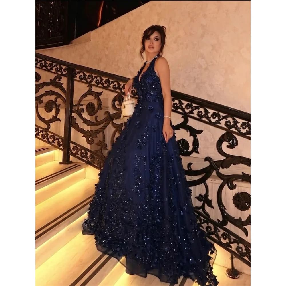 Lucy Tulle Halter navy Ball Gown Prom Dress Gala Romantic Premium Designer Beautiful Flowers 2026 Customized Robes de Soirée