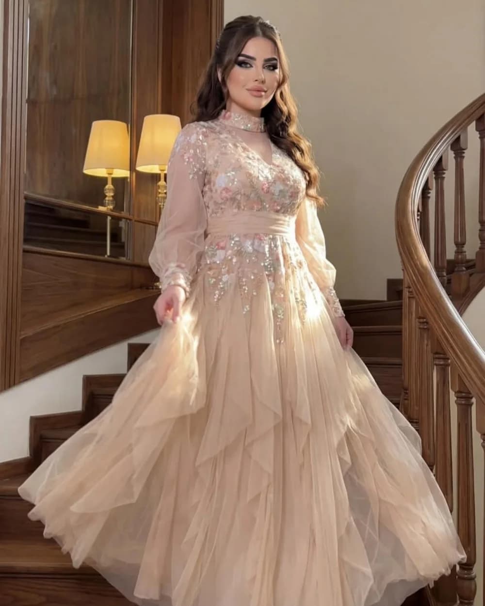 Customized Modern Style Women Tulle Handmade Flower Sequined Ruched A-Line Evening Dresses Classic High Collar Long Prom Dresses