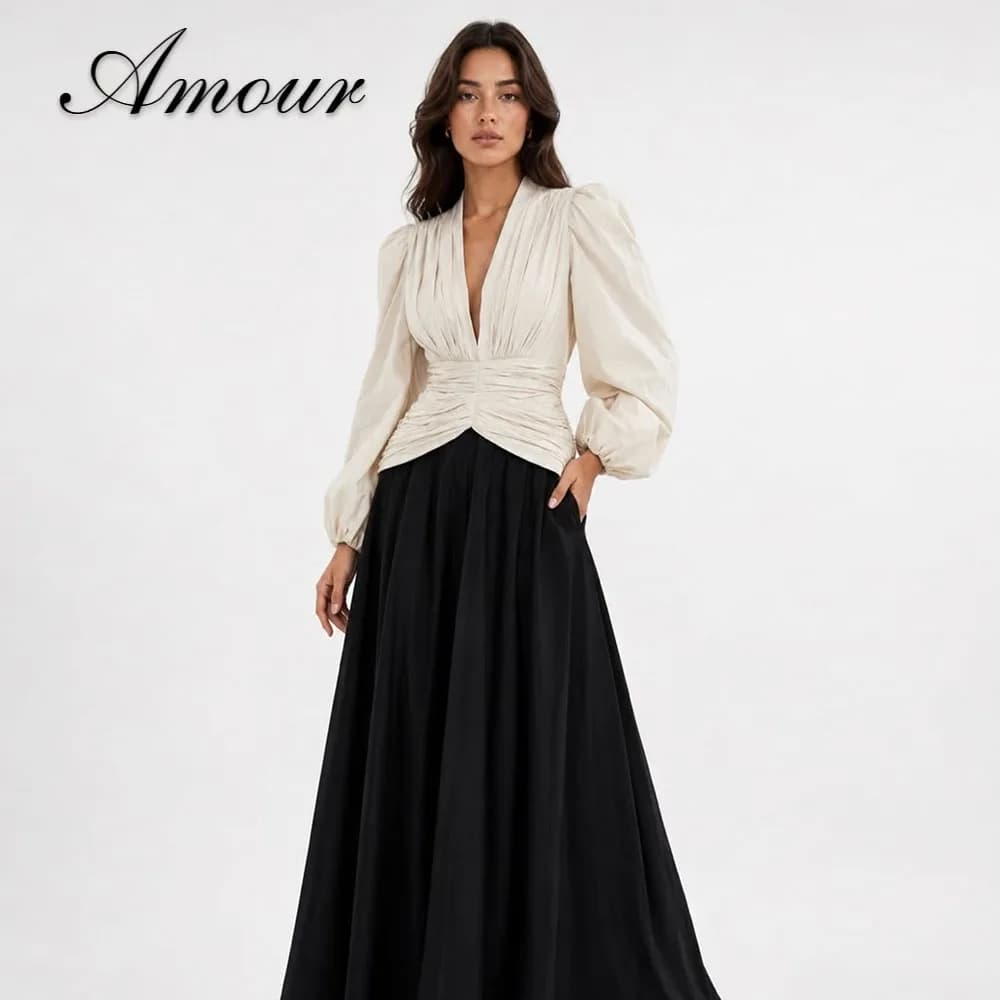 Amour Customized A-line V-neck For Women Office Lady Formal Evening Dresses Long Sleeves Pleated Floor-length Party Prom Gowns