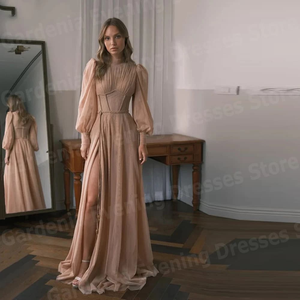 Beautiful A Line Women's Evening Dresses High Neck Prom Gowns Customized Long Sleeved Side Slit Vestidos Para Mujer Elegantes