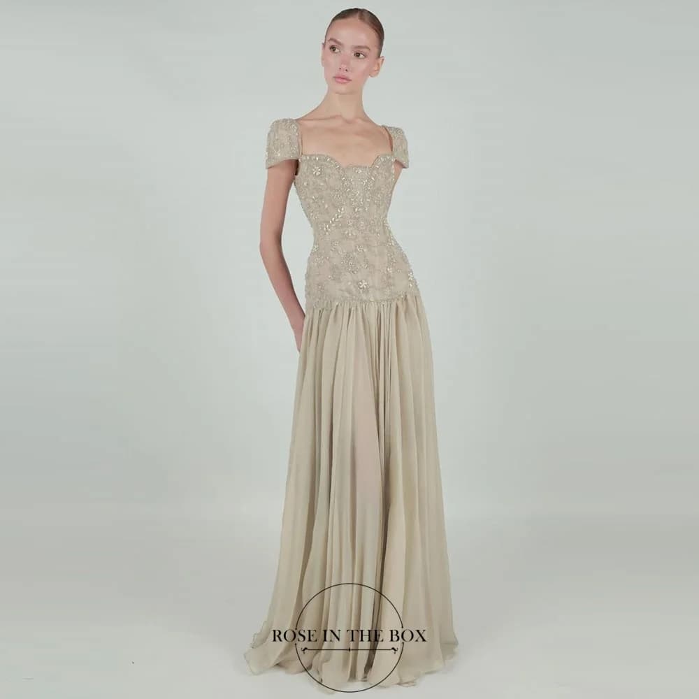 ROSEINTHEBOX Customized Short Sleeve Evening Dresses Luxury 2026 Square Neck فساتين سهرة Mermaid Beaded Party Dress