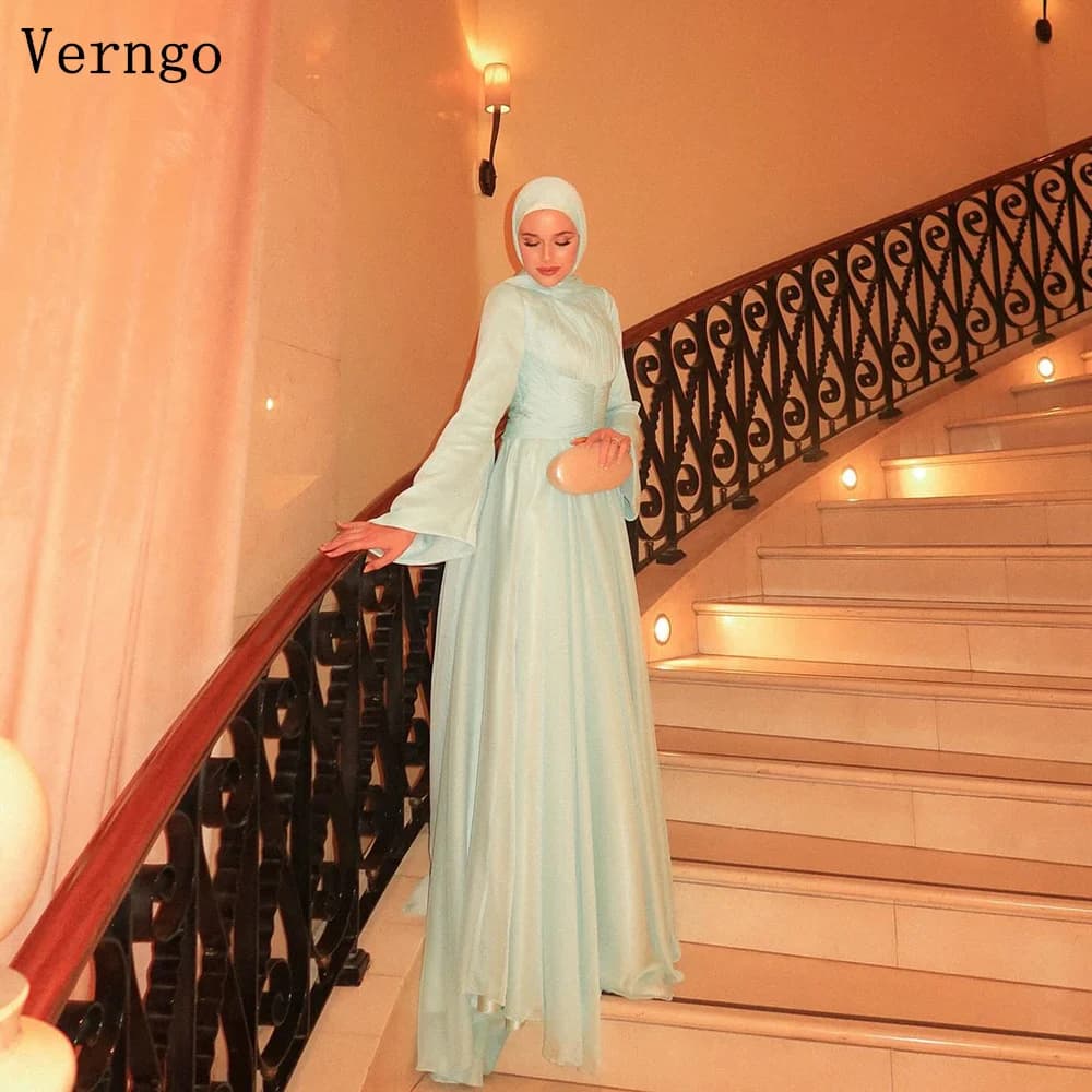 Verngo Light Green Shiny Evening Dress High Neck Full Sleeves A Line Formal Occasion Dresses Women Elegant Prom Gowns Customized