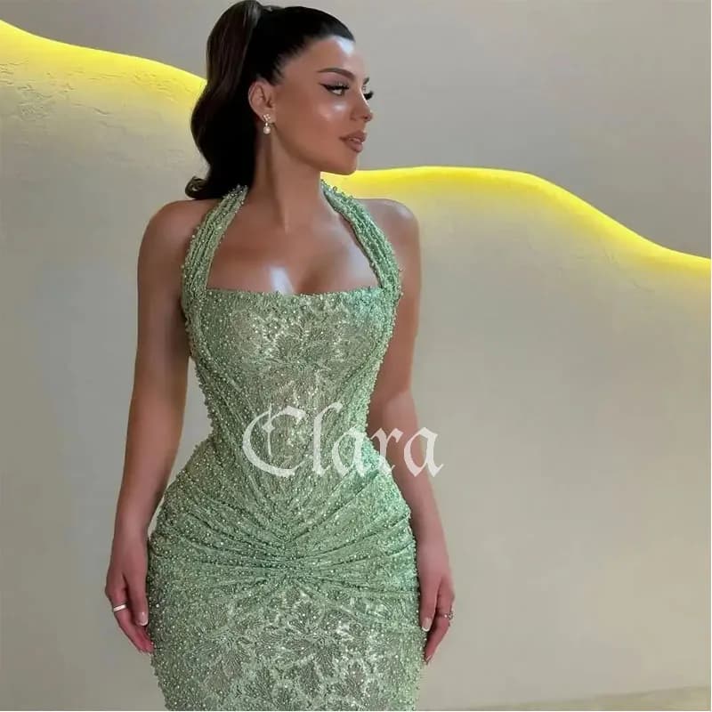 Clara Design Fashion Luxury Sexy Pearls Beading With Trailing Stunning Mermaid Dress Mint Green Charming Halter Evening Dress