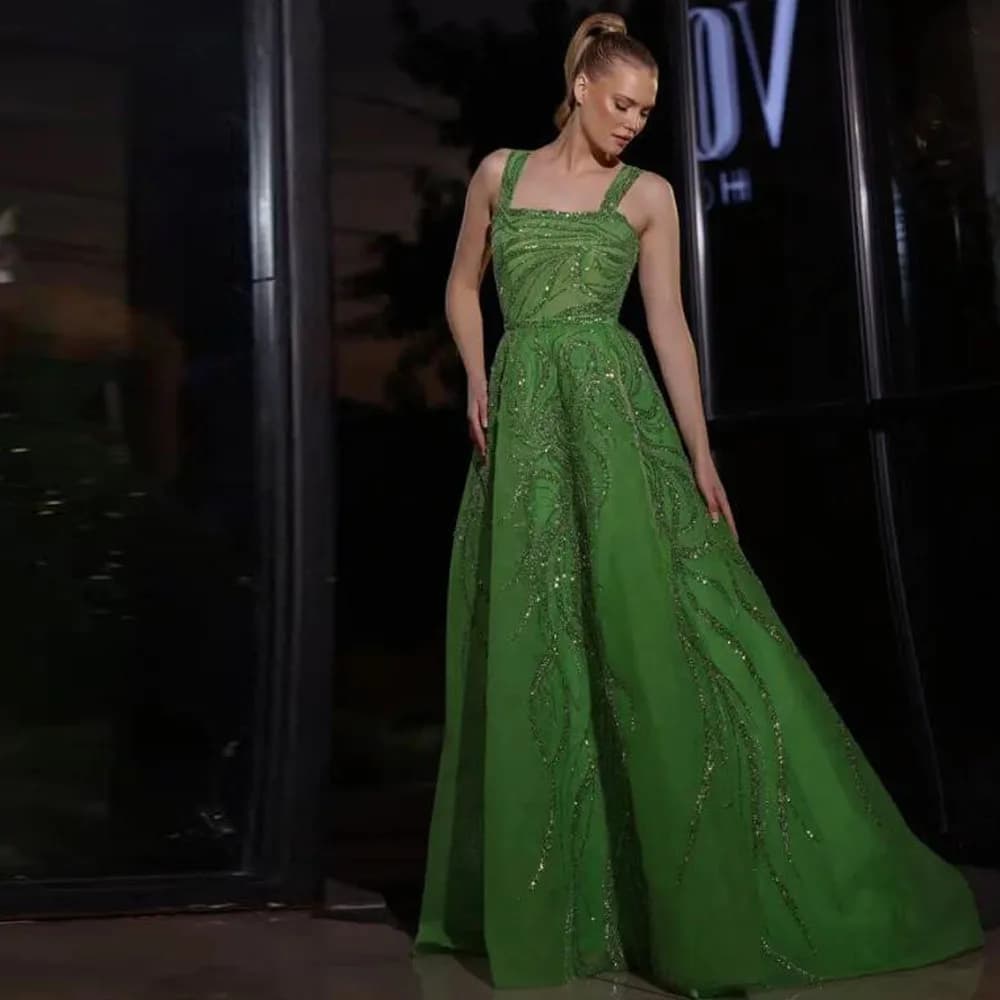 Customized Green Sequin Evening Dresses 2025 Square Neck Beaded A Line Formal Gown Organza Puffy Vestidos De Novia