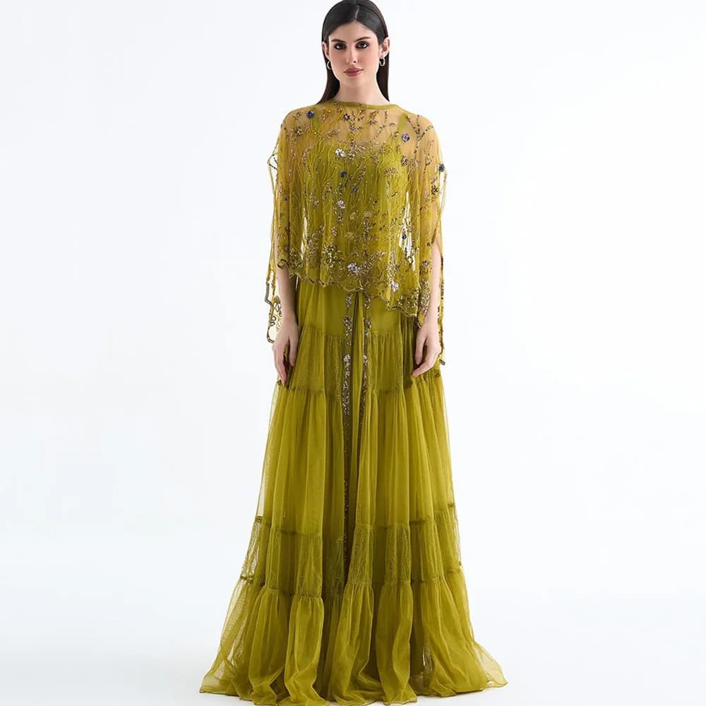 Luxury Sequined Celebrity Gowns with Shawl Elegant Customized A-Line Tulle Evening Dress Modern Spaghetti Straps Robe de soirée