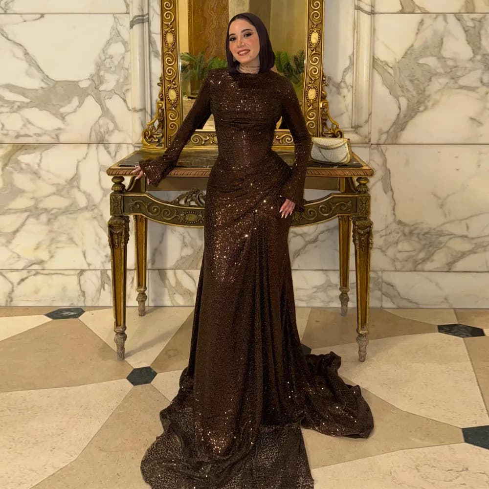 Customized Sequin Embroidery Brown Muslim Evening Dress O Neck Long Sleeve Wedding Guest Gown Draped Mermaid Hijab Prom Dresses