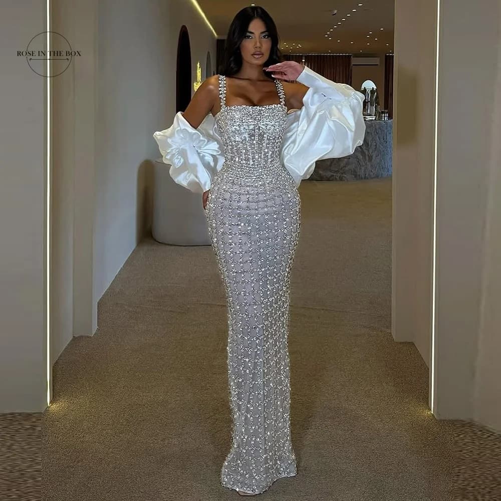 ROSEINTHEBOX Evening Dresses Luxury Mermaid Crystal Beading Cocktail Party Gown Spaghetti Strap Prom Dress Abendkleider Hochzeit