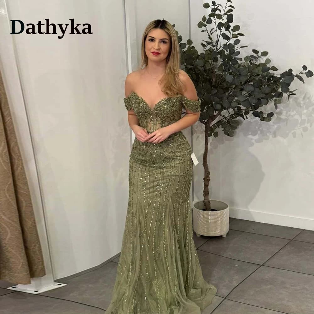 Dathyka Charming V Neck Formal Evening Dress Lace Appliques Off the Shoulder Trumpet Tulle Pleats Sweep Train Customized