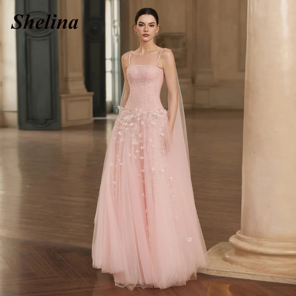 Shelina Graceful Cape Evening Dresses for Women Spaghetti Straps Zipper Tulle Sequin Vestidos Robes De Soiree Customized
