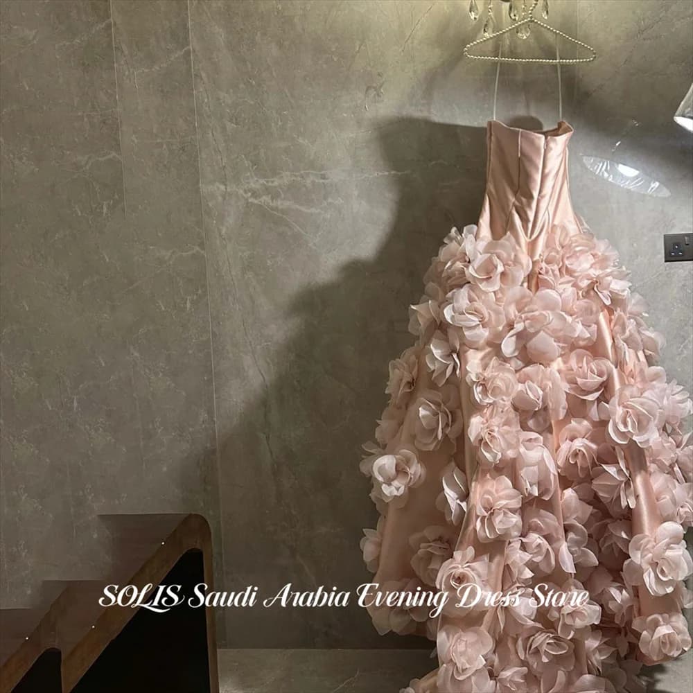 SOLIS Pink Evening Dresses Strapless Sleeveless Party Dresses with 3D Flowers A Line vestidos de fiesta Prom Gowns Customized