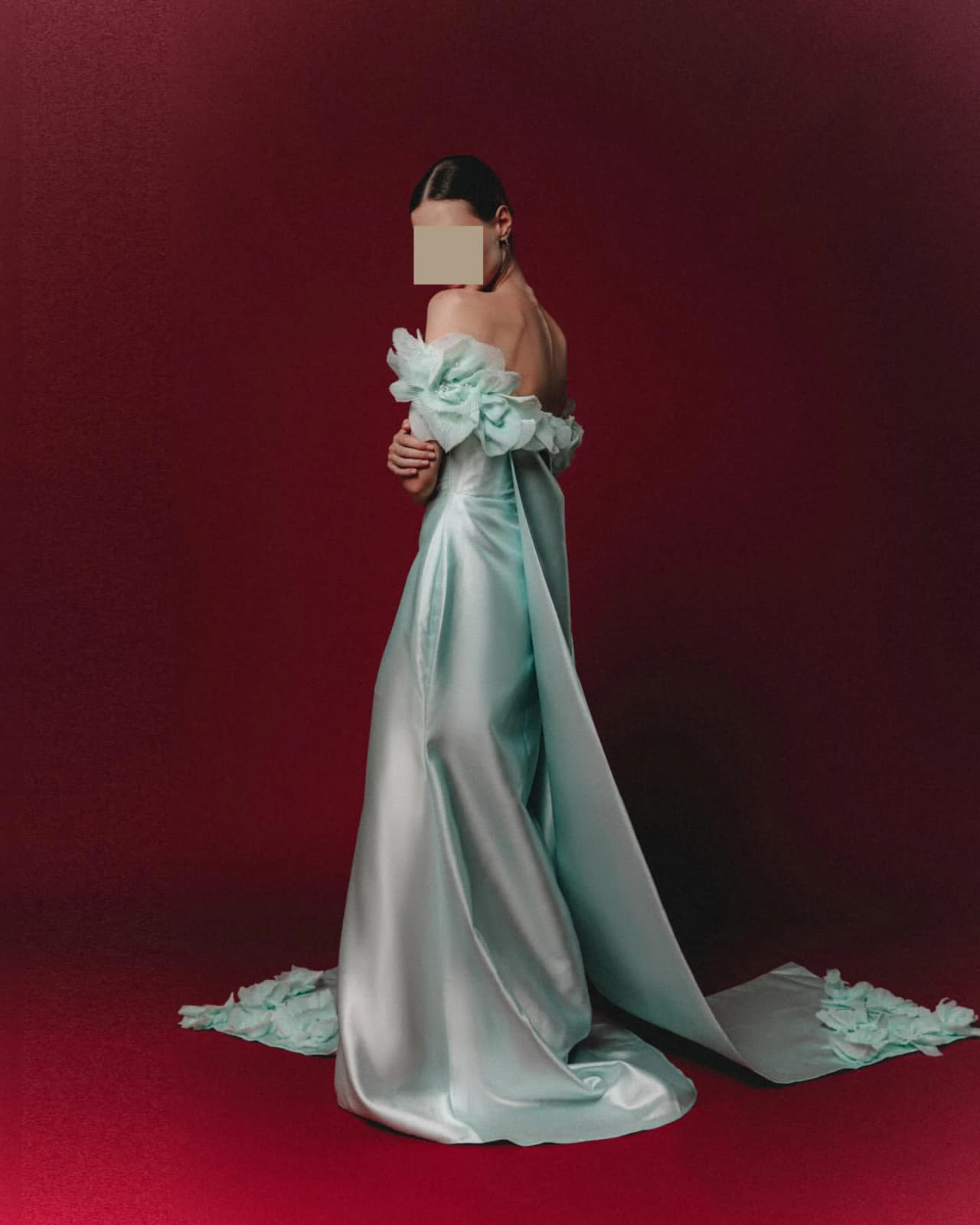 Esther Customized Luxurious Evening Dresses Off-the-shoulder Pleats Flowers Sheath Satin Prom Formal Floor Length Party Dresses