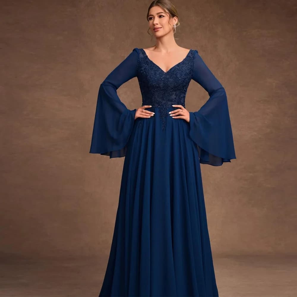 Customized Latest V-Neck Women Evening Dresses Fashion Long Sleeves Prom Gowns Vestidos De Noite Exclusivamente Para Mulheres