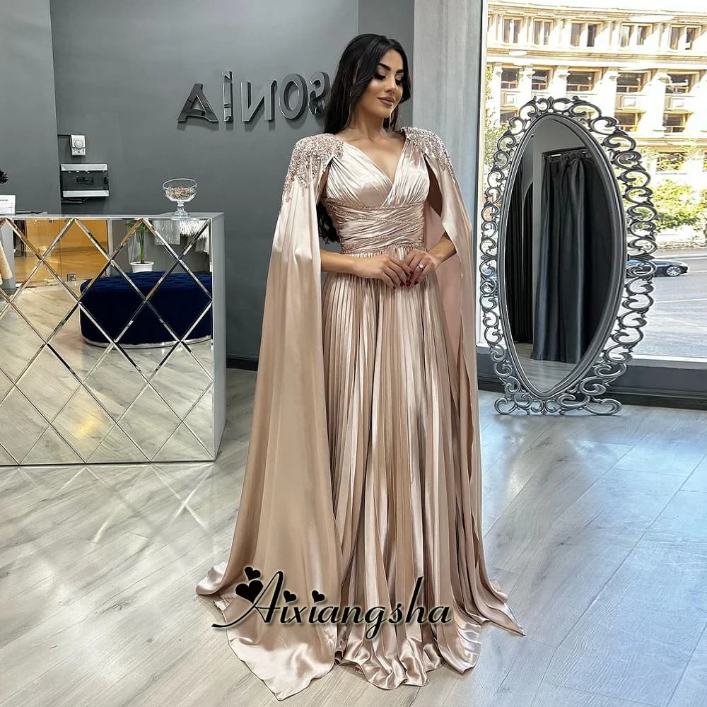 Aixiangsha Muslim Satin Evening Dress for Women Aline V Neck with Cape Saudi Arabric Vestidos De Fiesta De Soiree Customized
