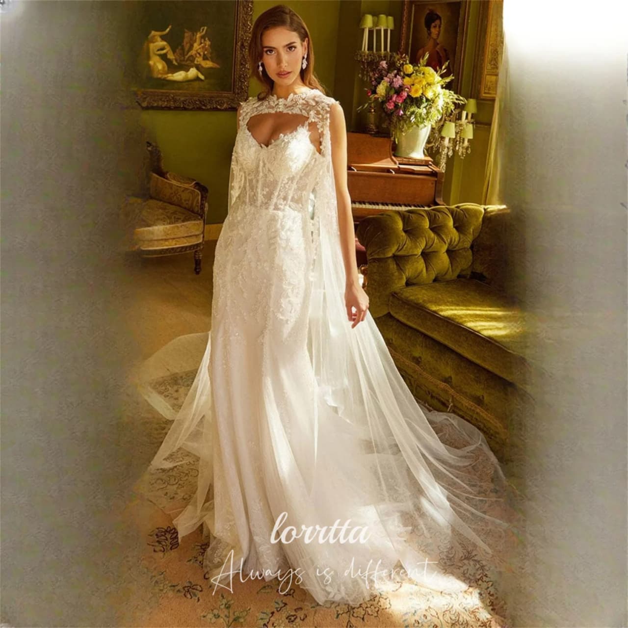 Lorrtta Lace High Neck Ivory Mermaid Evening Dress 2026 Prom Dress Beading Crystal Elegant Formal Evening Gown Robes de Soiree