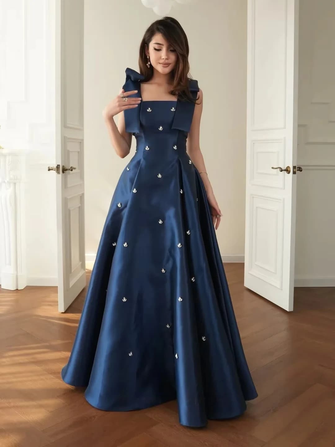 Navy Blue Beaded Long Bespoke Occasion Gown Evening Dresses Pastrol Unisex Jersey Retro Dubai Saudi Arabic Prom Customized