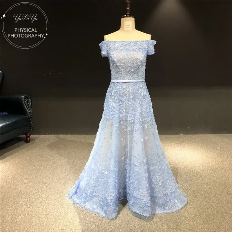Z0449 customized 100% Real Pictures Luxury Blue Off the Shoulder Heavy Beads with Flowers Formal Prom Party Dance Evening Dress