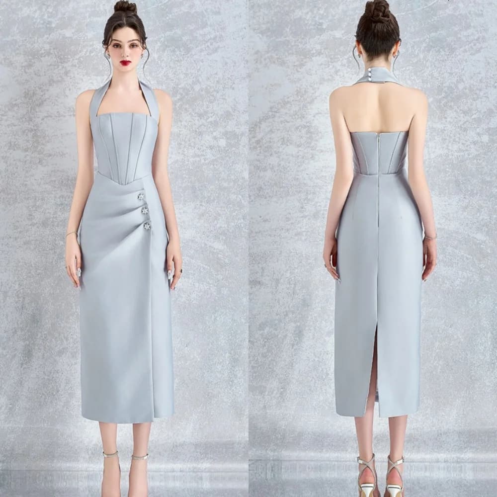 Customized  Formal pure Satin Homecoming Dress Elegant Square Collar Halter Ruched Back Slit Zipper Back Vestido De Festa