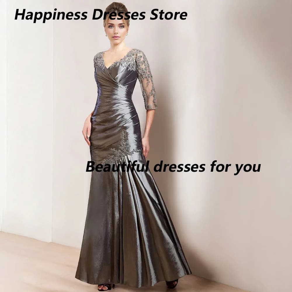 Customized Satin V-Neck Mermaid Evening Dresses Applique Pattern Half Sleeves Pleated Ankle-Length Exquisite Prom Dresses