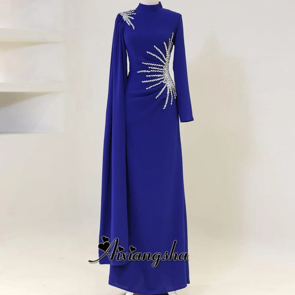 Aixiangsha Muslim Rhinestones Evening Dress with Long Sleeves Pleat O-neck Satin Floor length Vestidos De Noche Customised