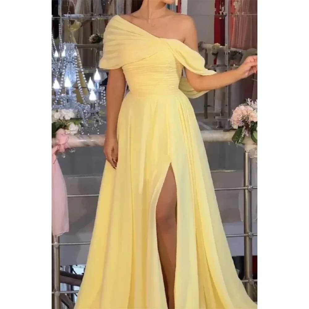 Saudi Arabia Sexy Yellow Prom Dresses for Women 2025 Pleated Chiffon Evening Gown Floor Length Formal Occasion Dress Customized