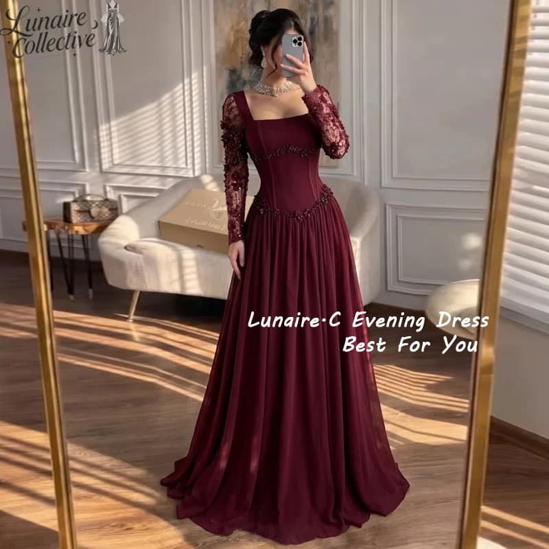 Lunaire.C Customized Burgundy Evening Dress 2026 Square Neck Long Sleeves Decorated With Floral Lace Party Dress Classic Formal