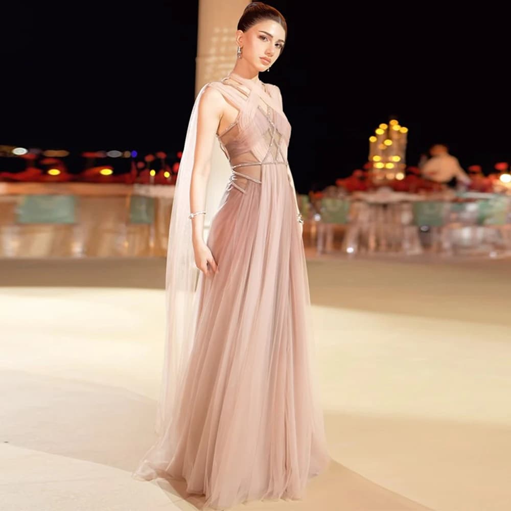Sexy Tulle Evening Dress Halter Sleeveless Homecoming Dresses Customized Watteau Train Open Back Bespoke Occasion Gowns