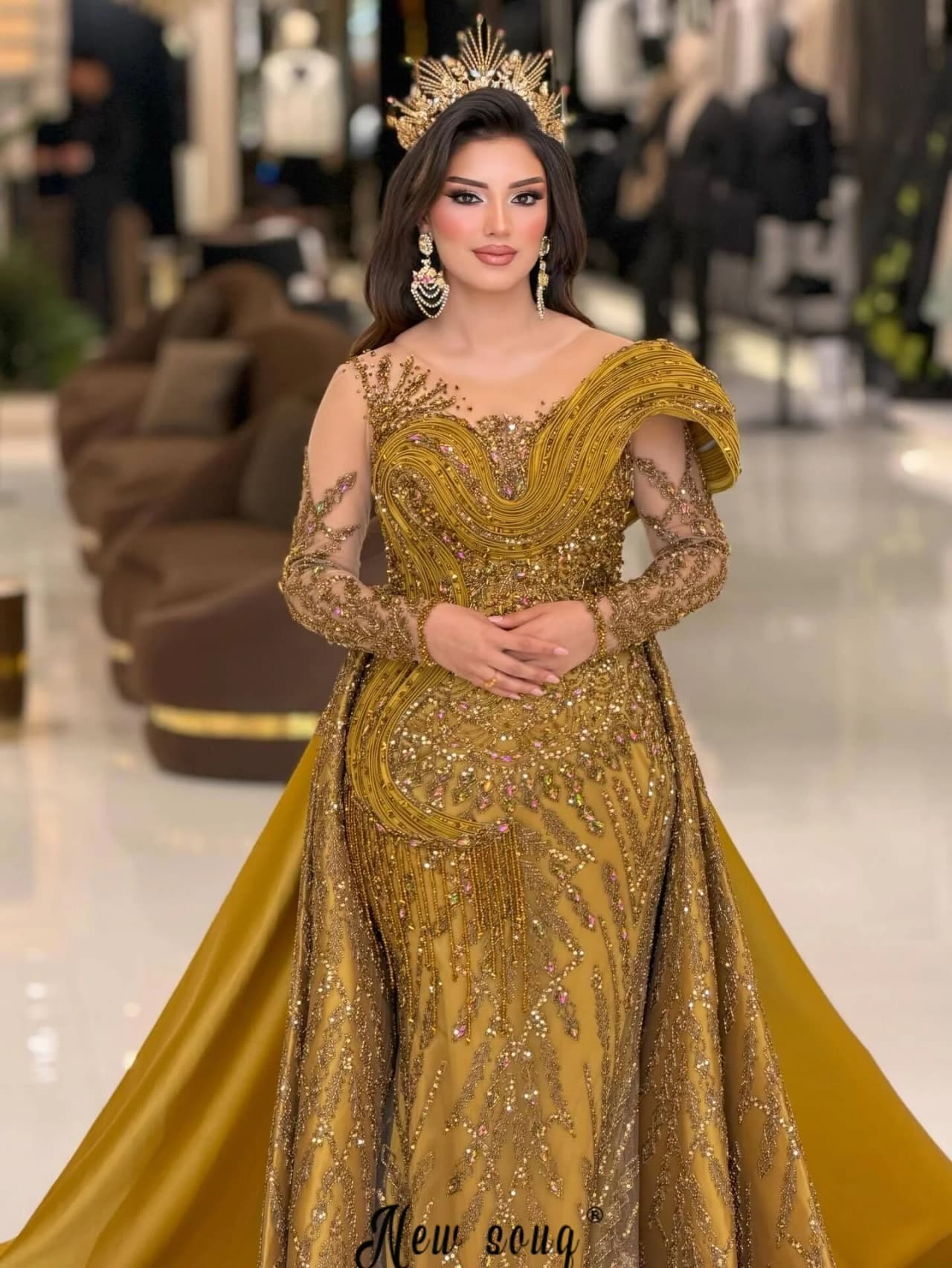 African Embroidery Gold Two Pieces Prom Dress With Overskirt 2 In 1 Engagement Party Gowns Plus Size Customized for Formal Robe