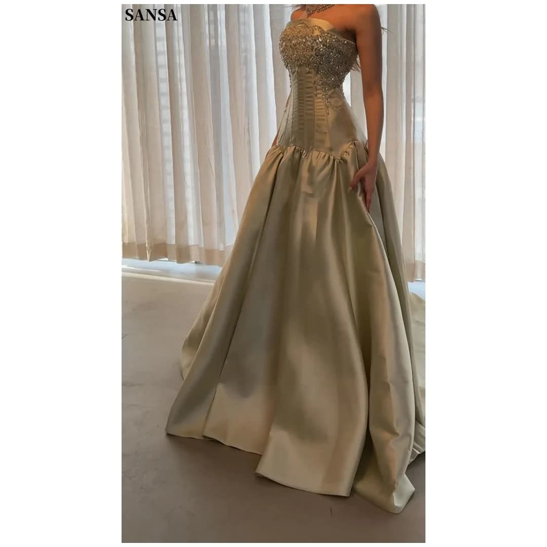 Sansa Customized 2026 Elegant Champagne Gold Strapless Prom Dresses Beaded Corset Satin Ball Gown Formal Evening Gowns Vestidos