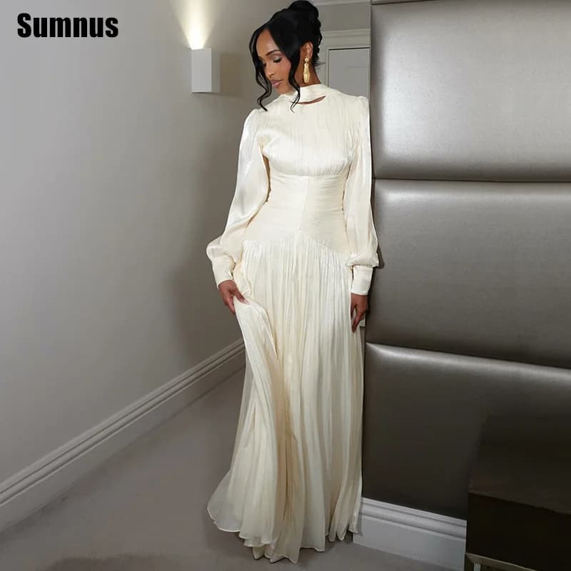 Sumnus Elegant A-Line Evening Dresses Full Sleeves Draped Floor Length Formal Dresses Dubai  فساتين سهرة Customized