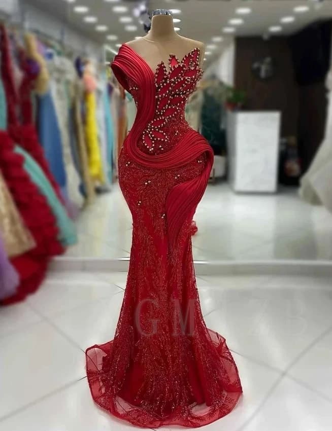 Aso Ebi Evening Dresses Long Luxury Mermaid One Sleeves Beaded Rhinestone Leaf Red Chic Birthday Prom Party Gowns for Wedding
