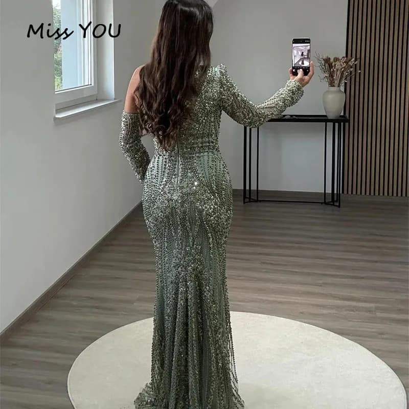 Customized Prom Dress Luxury Beads Slant Shoulder Gem Sequins Mermaid Party Dress Long Sleeves  Glitter Formal Party Ball Dress