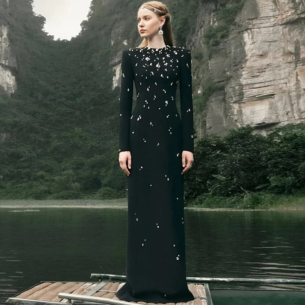 Elegant Black Jersey Evening Dress Formal Long Sleeves Prom Dresses Temperament O-Neck Crystal Customized Special Occasion Gowns