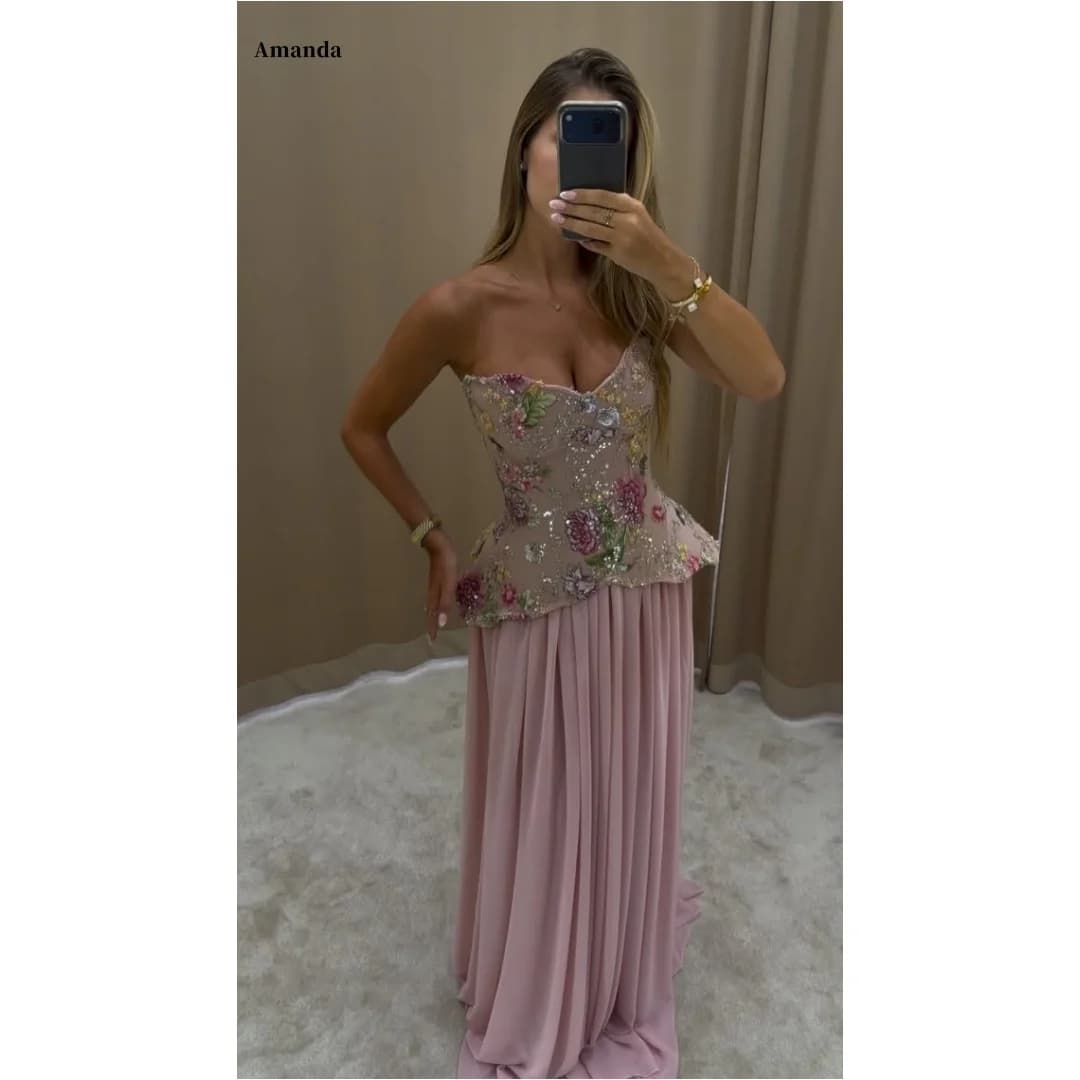 Amanda Customized Blush Pink Strapless Floral Embroidery Sequin Waist Chiffon Maxi vestidos de noche Elegant Formal Evening 2025