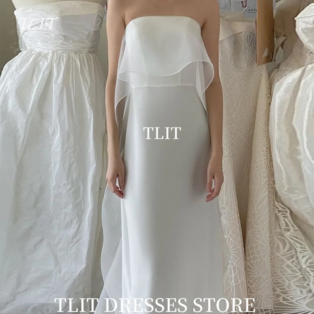 TLIT Simple White Chiffon Evening Dresses Strapless Prom Gowns Korea Wedding Dress Photos Shoot Customized Floor-Length Gowns