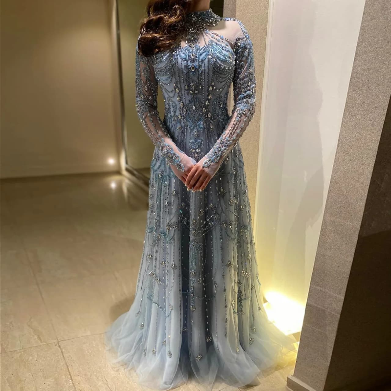 Sharon Said Blue Long Sleeves High Neck Dubai Luxury Evening Dress for Women Wedding Party Arabic Formal Gowns SS587 Customized