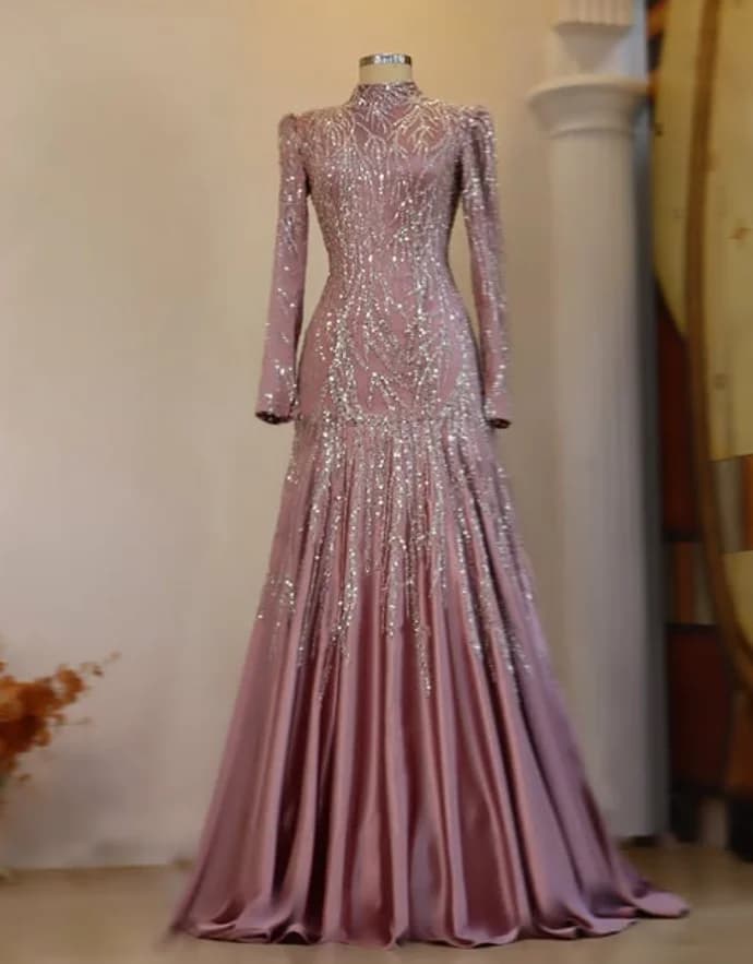 Sparkly Mermaid Evening Formal Dresses Gillter Beaded Applique Long Sleeve Muslim Saudi Prom Gown Outfit Customsized