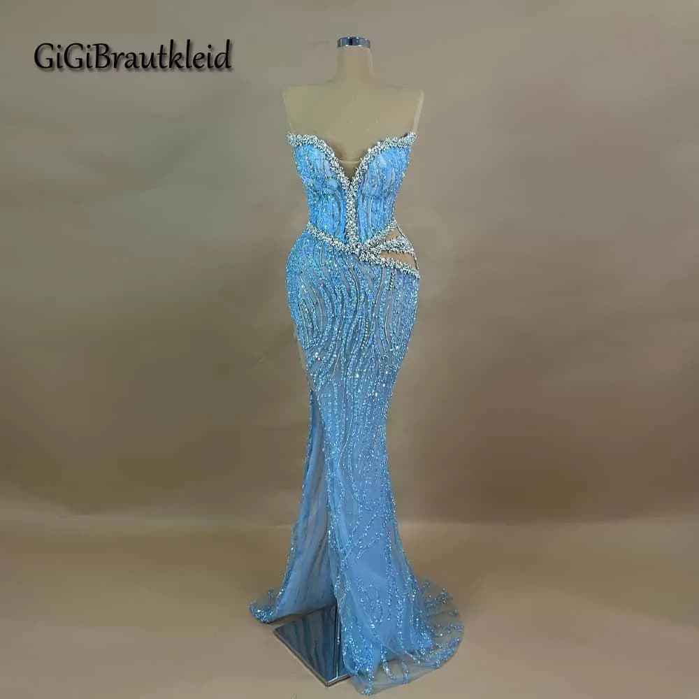 GiGiBraut Luxurious Evening Dresses for Women Mermaid Sleeveless Rhinestones Sequined Tulle Vestido De Formatura Customized